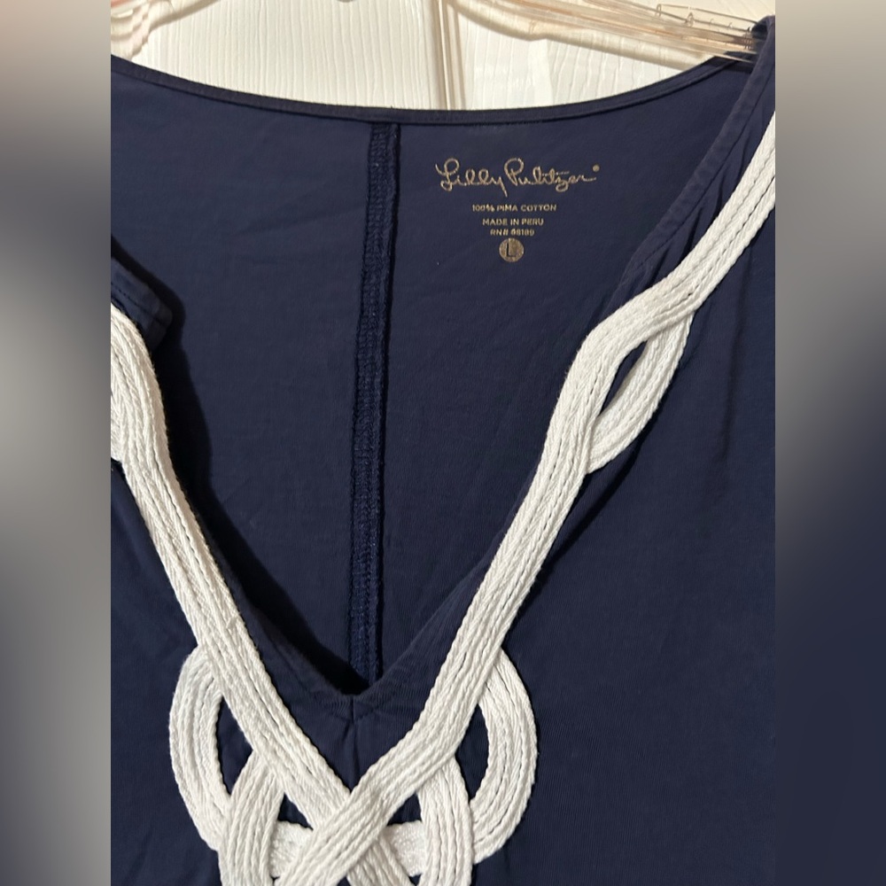 Lilly Pulitzer Navy Rope-Trim V-Neck Nightgown Dress VGUC Nautical Large - Picture 3 of 3